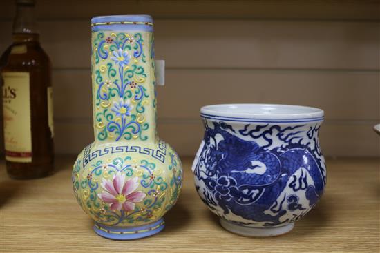 A Chinese blue and white censer and an enamelled glass vase